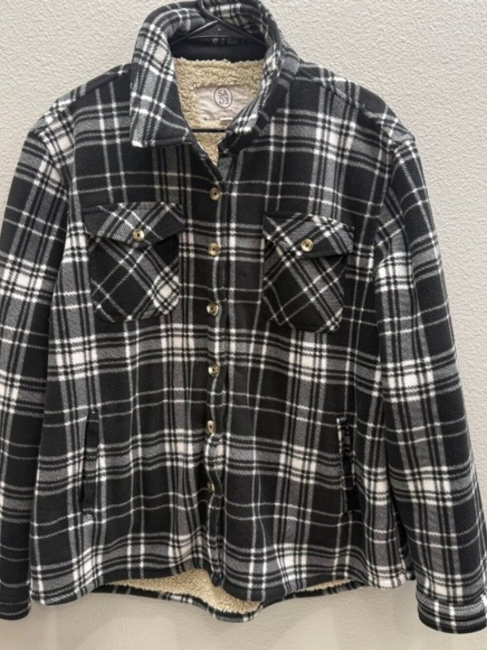 Sage Flannel Size XL Womens Plaid Black White Fleece Lined Shacket